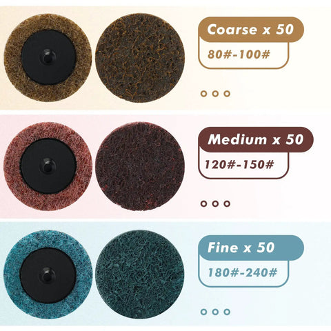 2 Inch Quick Change Sanding Discs Set, 150 Pcs Aluminum Oxide Surface Conditioning Pads showing coarse, medium, and fine grits