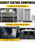 Foldable Stainless Steel Table 48x30 Inch Rock Solid Heavy Duty Portable Workstation comparison showing folded and unfolded states.
