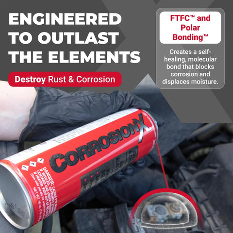 Heavy Duty Rust Inhibitor And Dielectric Lubricant Penetrant For Marine Auto Electronics And RV Gear Delivers Long Lasting Corrosion Shield For Bolts Cables Engines And Parts In A 16 Ounce Aerosol can held near engine
