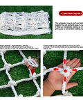 Beefy Heavy Duty Lifting Net Nylon Cargo Sling Net coiled on grass with close-up of mesh detail and hand showing weave.