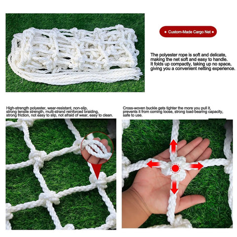 Beefy Heavy Duty Lifting Net Nylon Cargo Sling Net coiled on grass with close-up of mesh detail and hand showing weave.