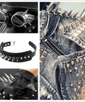 Badass 30 Pack Silver Cone Spikes And Heavy Duty 40Mm Screwback Rivets For Leather Jackets Punk Clothing Rock Accessory Hardware Reusable Embellishment Kit displayed on various punk gear and accessories.