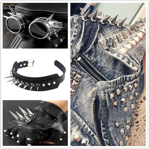 Badass 30 Pack Silver Cone Spikes And Heavy Duty 40Mm Screwback Rivets For Leather Jackets Punk Clothing Rock Accessory Hardware Reusable Embellishment Kit displayed on various punk gear and accessories.