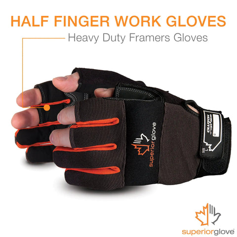 Leather Half Finger Framers Gloves Large Size Black And Orange With Open Fingertips For Maximum Dexterity And Heavy Duty Grip
