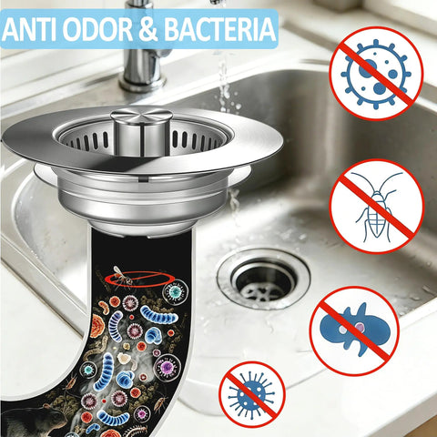 Slick Three In One Pop Up Kitchen Sink Drain Strainer And Stopper Filter catching hair and food scraps with anti-odor feature.