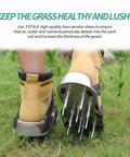Person using Pro Grade Metal Lawn Aerator Shoes With Steel Spikes, 3 Adjustable Straps, Durable Metal Base for lawn aeration.