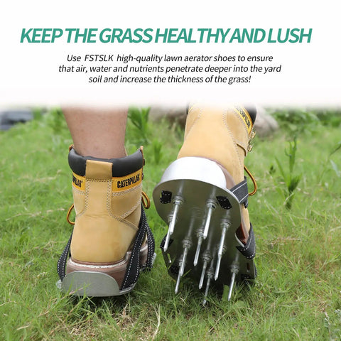 Person using Pro Grade Metal Lawn Aerator Shoes With Steel Spikes, 3 Adjustable Straps, Durable Metal Base for lawn aeration.