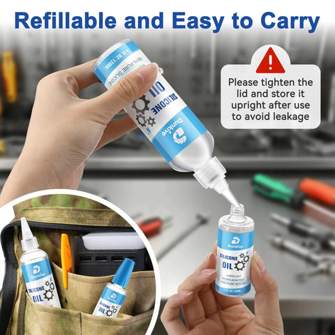 Hand using Silicone Airsoft Lubricant With Needle Oiler 6 oz Chamber Lube For Airguns on a small bottle, pouch storage view.