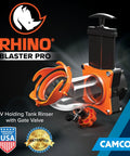 Rhino Blaster RV Tank Rinser With Gate Valve And Backflow Preventer for waste tank cleaning and odor control shown with logos.