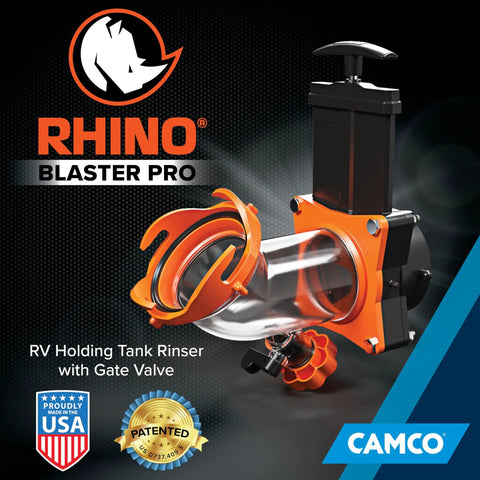 Rhino Blaster RV Tank Rinser With Gate Valve And Backflow Preventer for waste tank cleaning and odor control shown with logos.