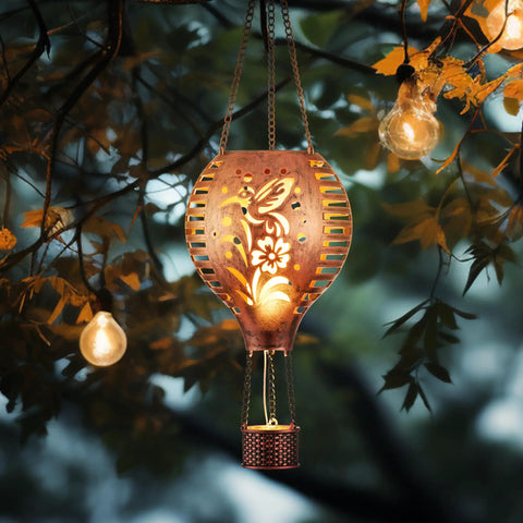 Hummingbird Hot Air Balloon Hanging Solar Lantern 1 Pack For Garden Decor Ten Point Six Inch Outdoor Lights For Tree