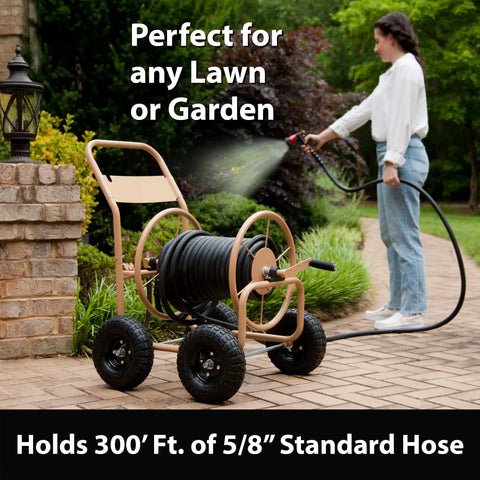 Beefy Four Wheel Hose Reel Cart With 300 Feet Of 0.625 Inch Hose, Steel Frame, Brass Fittings, Rugged Wheels, Built For Backyard Garden Or Lawn, Beige on patio