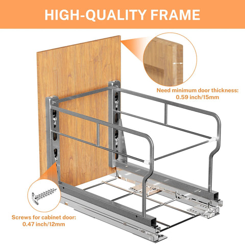 Premium Slick Under Cabinet Trash Pull Out Organizer Rack With Silent Soft Close Slides for 12x18 inch cabinetry installation detail.