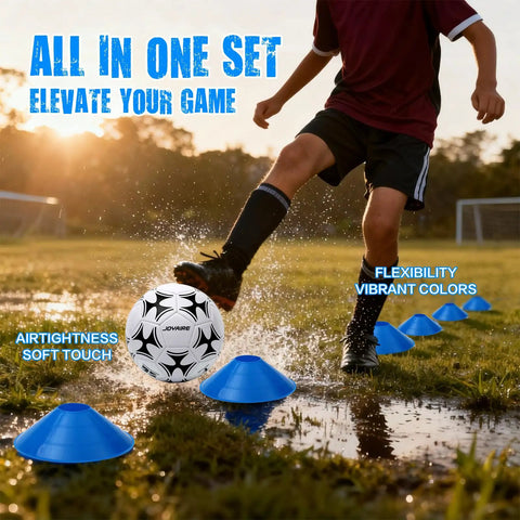 Child kicking soccer ball with blue cones in outdoor field, showcasing Backyard Pop Up Soccer Goals Set For Kids And Toddlers.