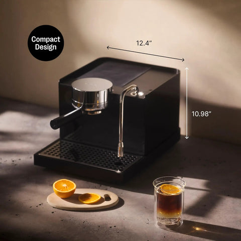 Premium Home Espresso Machine Featuring Smart Pressure Profiling And Instant Shot Feedback, compact design on kitchen counter.