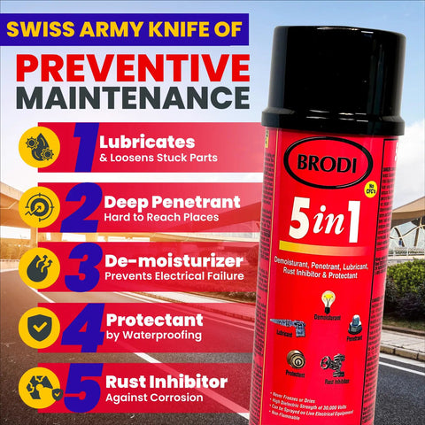 5 In 1 Industrial Lubricant Spray With Moisture Displacer Deep Penetrant Rust Blocker can with product features on label