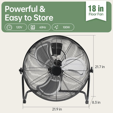 Front view of Beast 18 Inch Industrial High Velocity Floor Fan With 3 Speed Metal Build, quiet standing drum fan with 120 degree tilt.