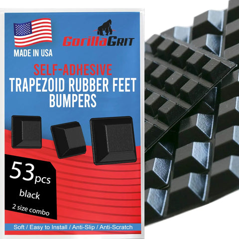 Image of Self Adhesive Rubber Bumper Pads 53 Pack With 28 Large And 25 Medium Trapezoid Bumpers for electronics and appliances.