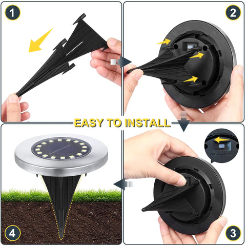 Steps to install Waterproof Outdoor Solar Ground Lights Disk LEDs 16 Lamp Array For Bright Pathway Glow in garden or yard