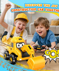 Two children playing with a Remote Control Excavator Toy With Flashing Light Wheels For Toddlers Ages 2 To 6 USB Rechargeable.