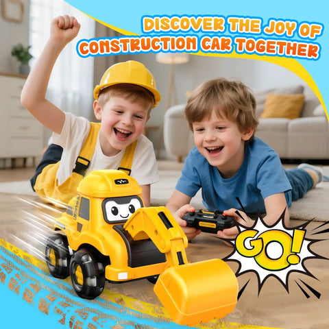 Two children playing with a Remote Control Excavator Toy With Flashing Light Wheels For Toddlers Ages 2 To 6 USB Rechargeable.