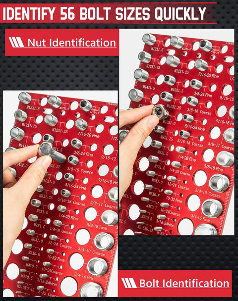 Red wall-mount bolt size gauge board with 56 thread sizes (30 standard, 26 metric) and nuts/bolts