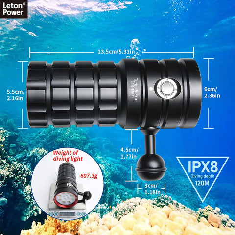 Beast Bright 25000 Lumens Underwater Dive Light with 100m Depth, side view with size dimensions in underwater setting