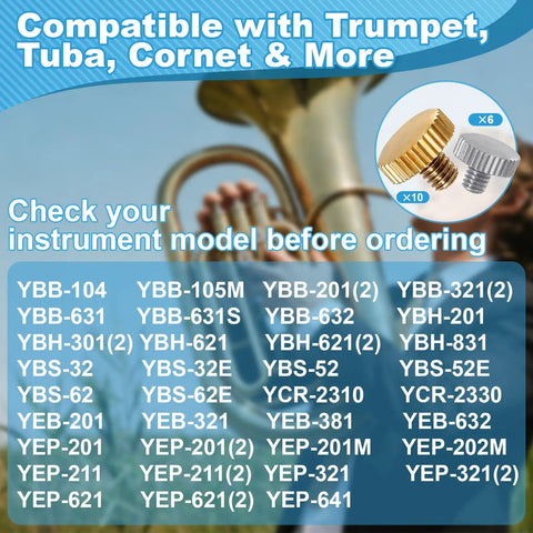 Image displaying model compatibility for 16 Piece Lyre Holder Screw Set For Saxophone Trumpet And Tuba with various instrument model numbers.