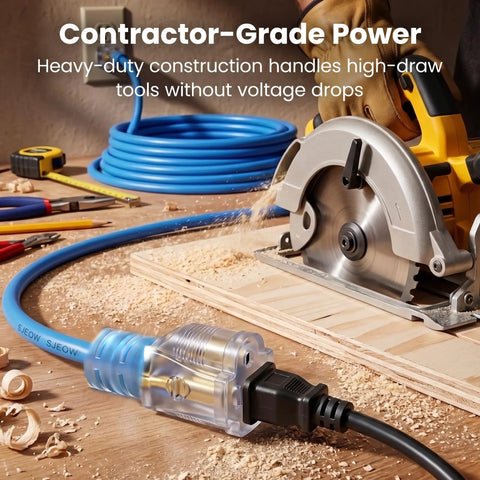 Tough As Nails Heavy Duty 100 Ft Outdoor Extension Cord 12/3 Gauge SJEOW 12 AWG 3 Prong Power Cable With Lighted End Waterproof For Tools Lawn Garden Blue