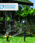Color Changing Landscape Lights Multicolor Spotlight Set With Remote For Outdoor Garden Yard Lawn Tree Pool Use 5 Pack IP65 Waterproof Transformer Included beside a garden sprinkler.