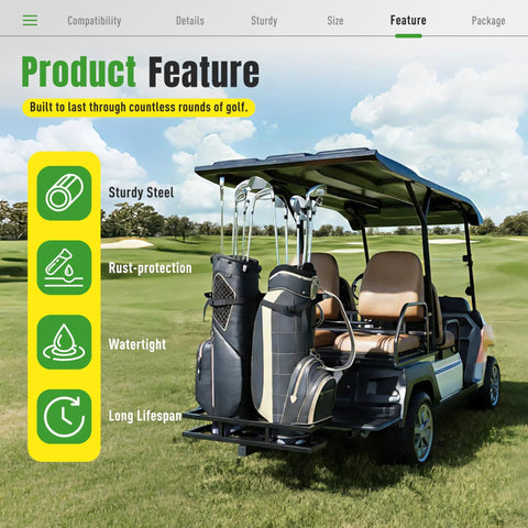 Heavy Duty Golf Cart Rear Seat Bag Holder Rack For 2 Inch Receiver Fits EZGO Yamaha Club Car Steel Powder Coated Black Universal Golf Bag Carrier For Carts No Brainer Easy Install And Universal Fit For Courses And Residential Use installed on golf cart on a golf course.