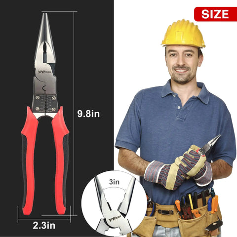Powerful Lineman's Pliers With Wire Stripper And Crimper with red handles and measurements, held by an electrician with tools.
