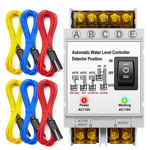 Automatic Water Level Controller 110V With 6.5 Foot Liquid Level Sensor, colored cables, switch button visible