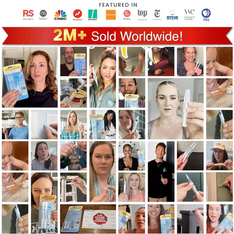 Collage of users holding Refillable Touch Up Paint Pen For Mess Free Repairs Reusable Wall Color Matcher with packaging.