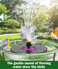 Powerful 3.5W Anti-Drift Solar Fountain For Bird Bath And Pond, Solar Powered Pump With 7 Nozzles, birds around it, in garden setting.