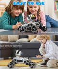 SIMREX robot dog RC stunt car with LED eyes and mecanum wheels, silver finish.
Child playing with the SIMREX robot dog, demonstrating gesture-control operation in living room.