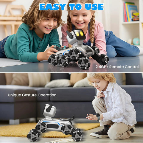 SIMREX robot dog RC stunt car with LED eyes and mecanum wheels, silver finish.
Child playing with the SIMREX robot dog, demonstrating gesture-control operation in living room.