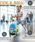 LitRide kids' hardshell ride-on luggage with LED light-up wheels; blue case with pixel game artwork