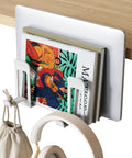 Slick Under Desk Laptop Stand Vertical Dual Slot Holder displaying books and a laptop, designed to keep your home office clean.