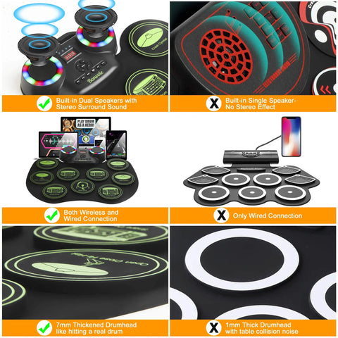 Roll Up Digital Drum Kit With 9 Silicone Pads, MIDI Ready, DTC, Built-In Dual Speakers, 2000mAh Rechargeable Battery, Portable E-Drum