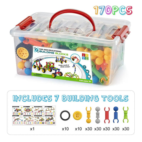 Epic 170 Piece Building Set For Kids Ages 3 To 9 With Toy Box Storage And Idea Guide, STEM Building Blocks in storage box.