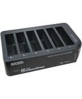 Heavy Hitter USB Three Zero Six Bay Hard Drive Duplicator fits two point five and three point five inch SATA drives, showing six slots.