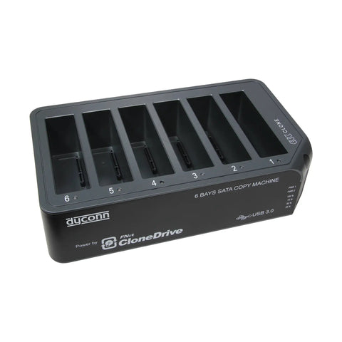 Heavy Hitter USB Three Zero Six Bay Hard Drive Duplicator fits two point five and three point five inch SATA drives, showing six slots.