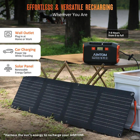 Portable Power Station 173Wh With 200W Peak 250W Surge USB C And USB A Ports Dual 12V DC Outputs LED Flashlight shown with solar panel.