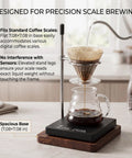 Solid Black Walnut Pour Over Coffee Maker Stand With Adjustable Stainless Steel Dripper Holder and Premium Wooden Brewing Station in use.