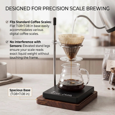 Solid Black Walnut Pour Over Coffee Maker Stand With Adjustable Stainless Steel Dripper Holder and Premium Wooden Brewing Station in use.