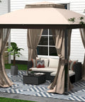 Double Layer Soft Top Gazebo Canopy 10x10 Ft With Mosquito Netting And Metal Frame For Backyard And Deck Beige Easy Slide Dual Roof