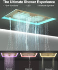 Hit Different Premium Brushed Gold Led Shower System With Bluetooth Speaker And Dual Ceiling Mounts Featuring Rainfall Waterfall And Massage Settings Plus Integrated Body Jets For A Sick Bath Upgrade with LED lights and water settings