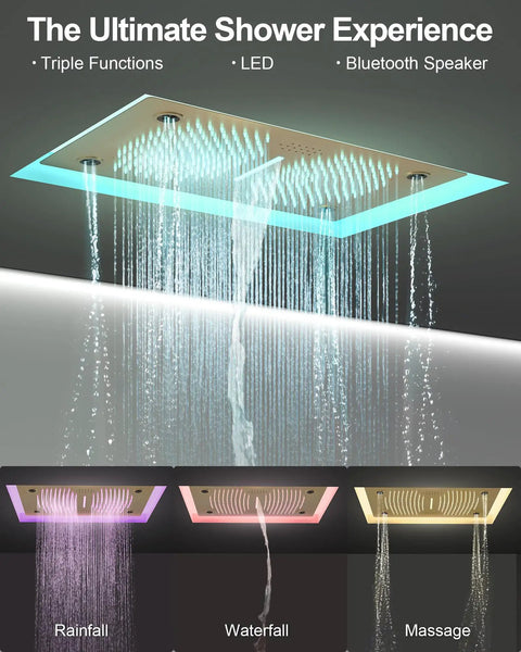 Hit Different Premium Brushed Gold Led Shower System With Bluetooth Speaker And Dual Ceiling Mounts Featuring Rainfall Waterfall And Massage Settings Plus Integrated Body Jets For A Sick Bath Upgrade with LED lights and water settings