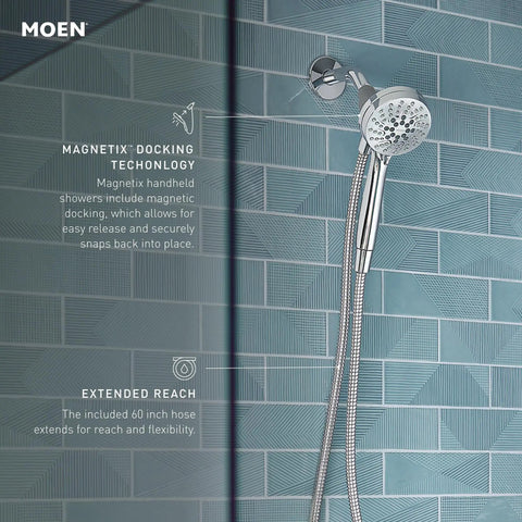 Magnetic Shower Head With Handheld Sprayer And Dock Six Spray Settings Easy Install Wall Mount 60 Inch Hose Chrome Finish